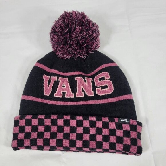 Vans Beanie Hat Adult One Size Pom Check Stripe Pink Skater Casual Warm Winter - Picture 1 of 6